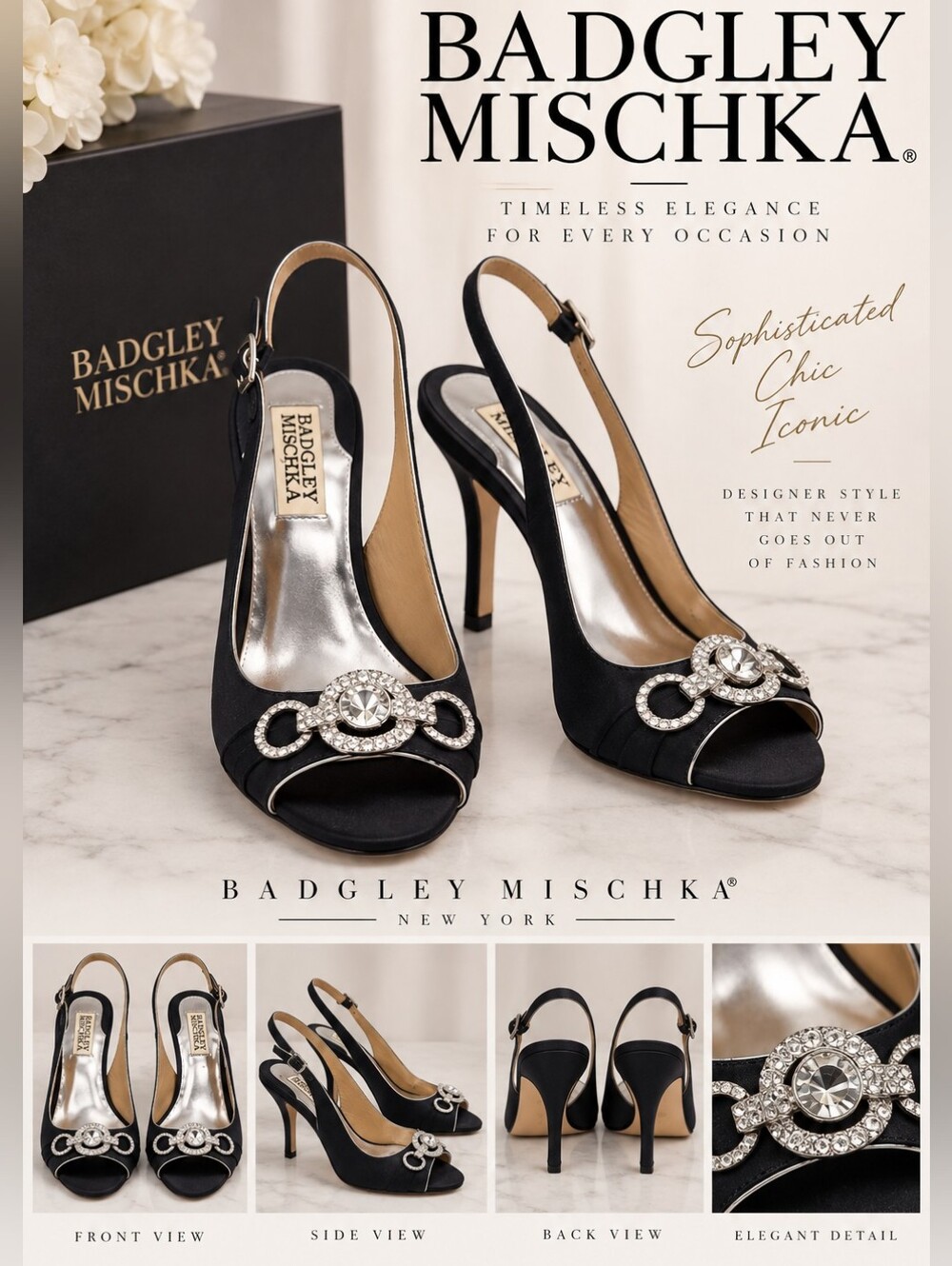 Badgley Mischka Black Embellished Slingback Peep-Toe Heels - Picture 2 of 13